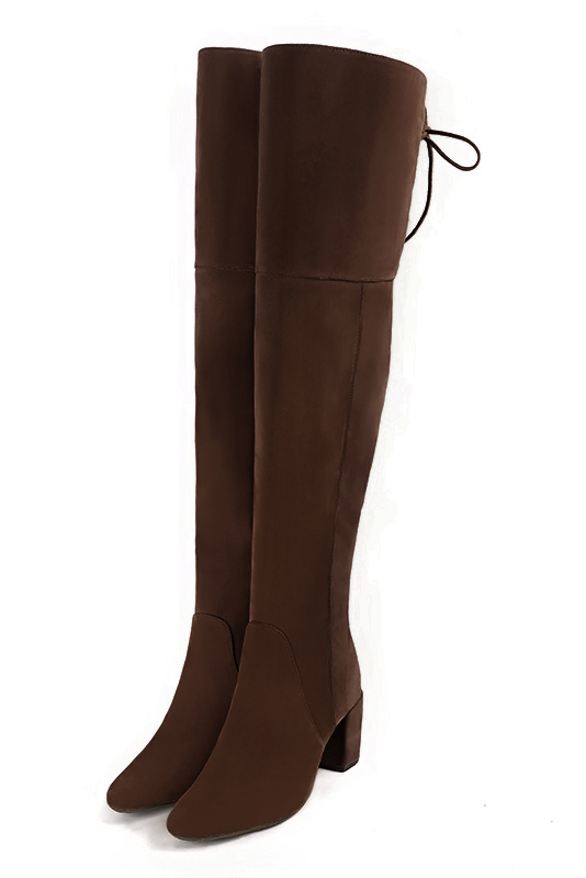 Dark brown women's leather thigh-high boots. Round toe. Medium block heels. Made to measure. Front view - Florence KOOIJMAN